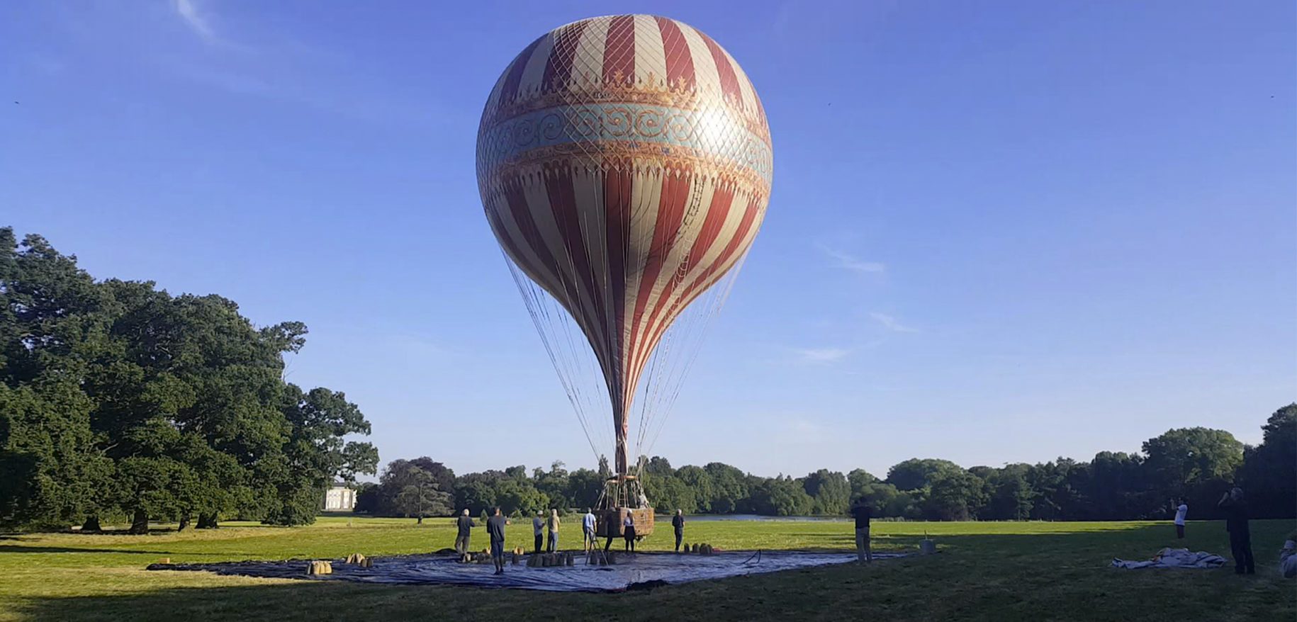 Goliath, the period hot air balloon used in the 2019 film The Aeronauts, inflated on a parkland estate